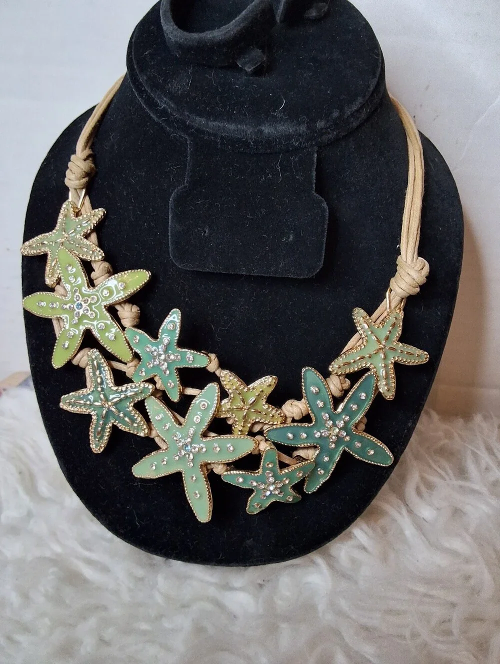 Starfish Statement Necklace Seafoam Green Rhinestone Beach Boho Cord